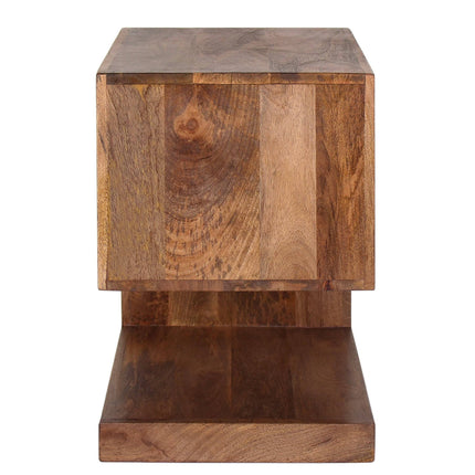 The Acacia S Table is a wooden, cube-shaped side table with a natural finish, featuring an offset design with a square top on an indented base. The visible wood grain enhances its warm brown tones, adding charm and stylish storage.