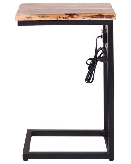 A side view of the Live Edge USB C-Table reveals its acacia wood and black metal frame. The C-shaped design boosts functionality and includes a power cord with an outlet attached to the frame.