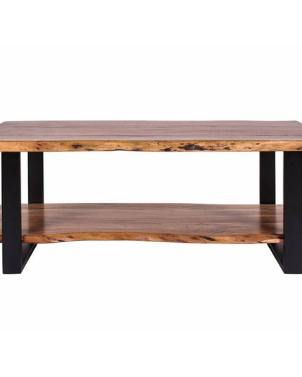 The Live Edge Coffee Table exudes rustic charm with its natural finish and black metal legs. It features a rectangular top, a matching lower shelf for extra storage, and the visible wood grain adds character to its design.