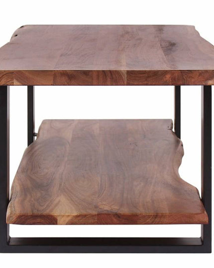 The Live Edge Coffee Table boasts rustic charm with its natural, rustic finish and captivating wood grain patterns. Featuring two levels and irregular edges, it is supported by a sleek black metal frame that enhances its natural allure.