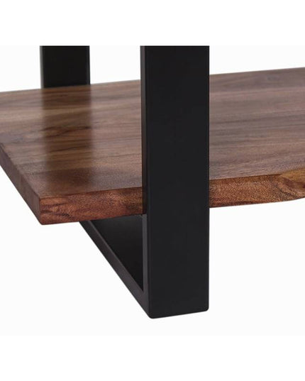 Close-up of the Live Edge Coffee Table featuring rustic charm, supported by a black metal frame. The wooden edges are slightly rounded for a natural look, while the rectangular metal frame provides a modern industrial aesthetic.