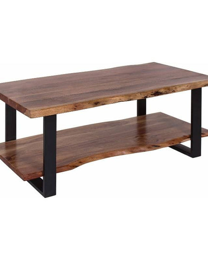 The Live Edge Coffee Table boasts a wooden rectangular top with a natural finish and rustic charm, complemented by a lower shelf. Supported by two black metal legs on each side, it offers a modern and minimalistic design.