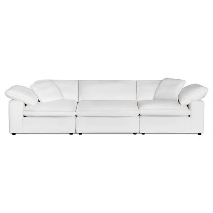 The Peyton 3 Piece Straight is a luxurious modern white sofa with three cushioned seats and cozy armrests, showcased against a plain white background.