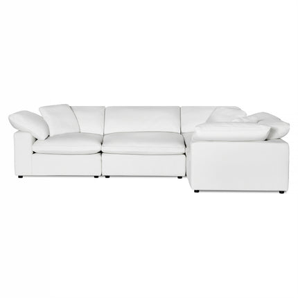 The Peyton 4 Piece Right L is a white modular sectional sofa featuring three wide, cushioned seats and a right chaise lounge. With sleek design, plush cushions, and small black feet, this comfortable piece blends luxury with modern elegance.