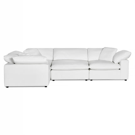 The Peyton 4 Piece Left L is a white, modern sectional sofa with a left-side chaise, wide armrests, and down & feather cushions, offering a luxurious and spacious seating arrangement for any living room.