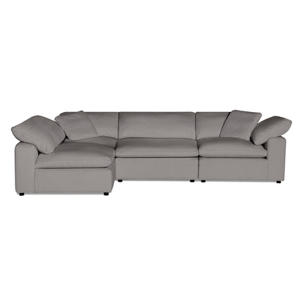 Introducing the Peyton 4 Piece, a luxurious light gray sectional sofa with low backrests and plush cushions. Its adaptable L-shaped design is ideal for a spacious living area, seamlessly blending minimalist elegance with contemporary style.