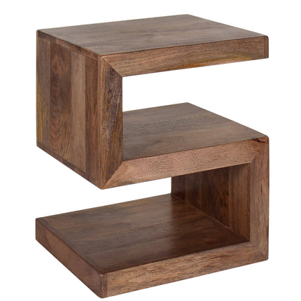 The Acacia S Table is a wooden acacia accent table with a zigzag shape resembling the letter Z, featuring three horizontal surfaces and a natural wood grain finish. This unique piece provides stylish storage while maintaining a modern, minimalist aesthetic.