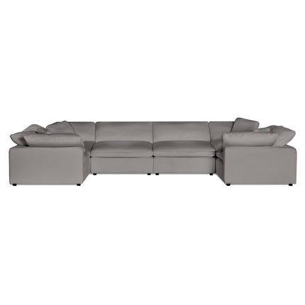 The Peyton 6 Piece Pit is a gray modular sectional with six pieces arranged in a U-shape. Each section features thick cushions and armrests for exceptional comfort and contemporary style, offering a soft and plush look perfect for any modern living rooms adaptability.