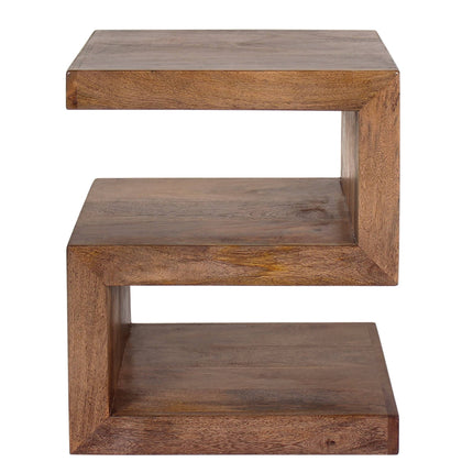 The Acacia S Table features a Z-shaped design with three flat surfaces for stylish storage. Its natural finish highlights the woods grain and texture, making it perfect for modern or rustic decor.