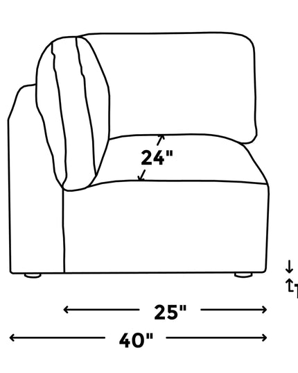 Line drawing of a couch crafted with premium materials, showcasing dimensions: 26 tall back, 18 seat height, 1 leg height, 24 seat depth, and a total width of 40. Arrows highlight measurement points and configuration possibilities like the Lugano Corner.