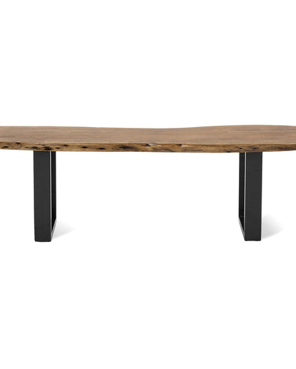 The Live Edge Bench features a handcrafted acacia top with a natural, uneven edge and sturdy black metal legs, merging rustic charm with contemporary style.