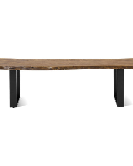 The Live Edge Bench, made from handcrafted acacia wood with a smooth finish and natural edges, is supported by two black metal legs. It skillfully combines modern and rustic styles, making it an exquisite addition to any space against a plain white background.