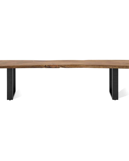 A handmade Live Edge Bench featuring a minimalist wooden design with a natural finish and black metal legs, showcased against a white background.