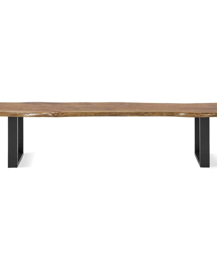 The Live Edge Bench features a handcrafted acacia top with a natural, unfinished look and showcases the woods grain. Its minimalist design includes black rectangular metal legs, making it an elegant addition to your dining area.