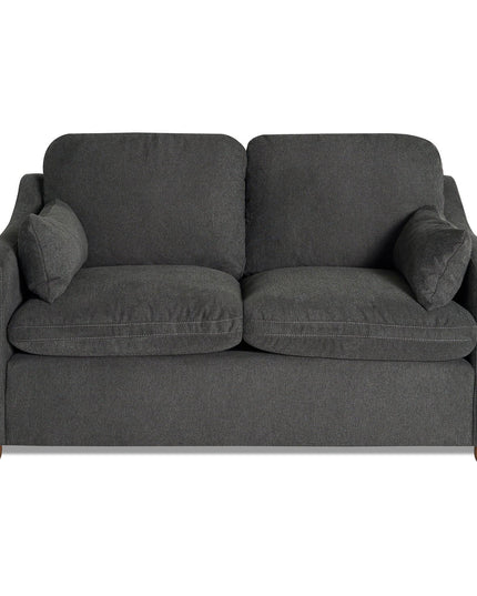 The My Cloud Slope Loveseat is a dark gray fabric piece with plush cushions and two matching armrest pillows. With wooden legs and a modern design, its great for living rooms or lounges. Visible stitching on the cushions adds texture to this cozy, customizable furniture option.