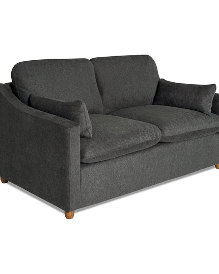 The My Cloud Slope Loveseat is a dark gray two-seater with plush cushions, wooden legs, and slightly curved armrests. Its soft fabric texture offers comfort and style for any customizable furniture collection.