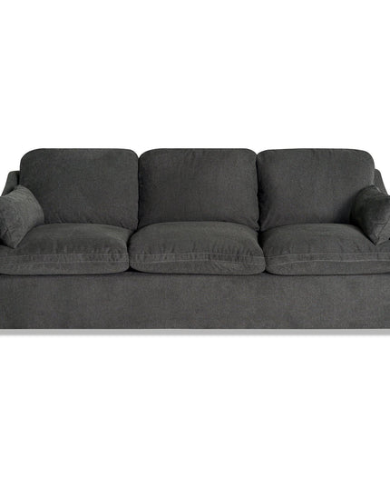 Immerse yourself in comfort with the My Cloud Slope dark gray fabric three-seater sofa. It boasts a minimalist design with cushioned back/armrests and smooth textures, complemented by short, rounded wooden legs. Its elegance truly stands out against a plain white background.