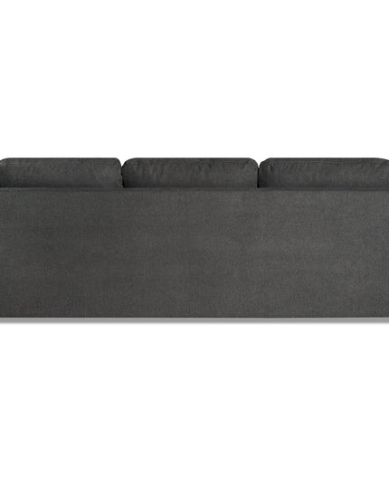 The image displays the back of a dark gray My Cloud Slope Sofa, featuring three plush back cushions and wooden legs, set against a plain white background.