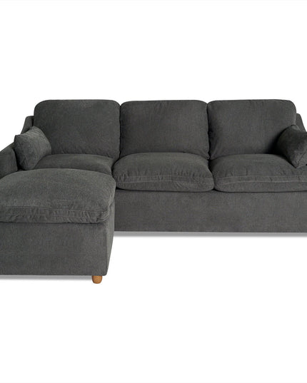 Experience ultimate comfort with the My Cloud Slope Sofa, a dark gray sectional featuring a left chaise. It includes three seat and back cushions, two armrest pillows, short wooden legs, and soft textured upholstery—perfect for lounging.