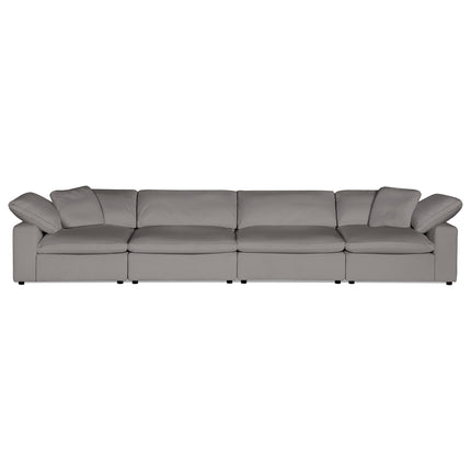 The Peyton 4 Piece Straight is a luxurious, modern grey sectional sofa with four seats and adjustable backrests. Set against a white background, this minimalist sanctuary enhances any contemporary space with its adaptable design.