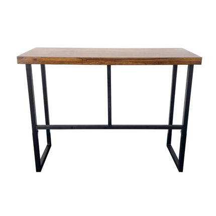 The Rosewood Console is a minimalist wooden desk, ideal for dining rooms, featuring a rectangular tabletop and a thin metal frame. Its four straight legs are supported by horizontal bars, providing stability. The light brown wood beautifully contrasts with the sleek black metal for an elegant touch.