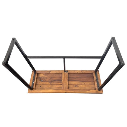 The Rosewood Console, an eco-friendly furniture piece, features an upside-down view of its wooden tabletop with visible grain and black metal legs. It boasts a rectangular surface and two sturdy metal frames—ideal for any dining room setting.