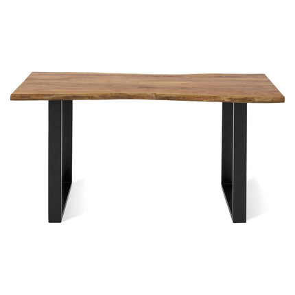 The Live Edge Desk features a natural-finish acacia wood top with a slightly irregular edge, supported by U-shaped black metal legs. It makes a perfect centerpiece for your home office or workspace, set against a plain white background.