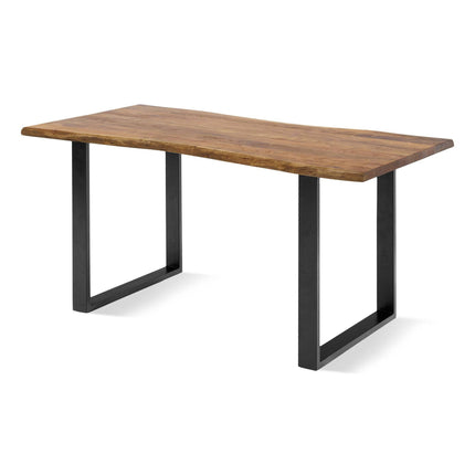 The Live Edge Desk, featuring a natural uneven acacia wood tabletop, offers an ideal workspace. It has a rectangular shape supported by two black metal legs in an inverted U-shape, perfect for enhancing any home office.