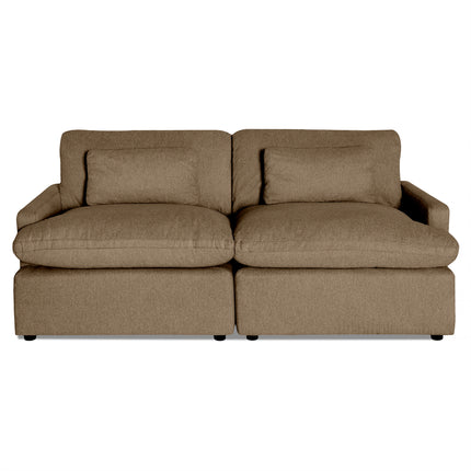 My Cloud 2 Piece: a light brown two-seater featuring plush, machine-washable fabric with minimalist design. Against a plain white background, it showcases armrests and two supportive back cushions, blending comfort and style into one exquisite piece.