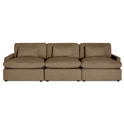 The My Cloud 3 Piece Straight, a large brown sectional with three seats and plush cushions, features thick armrests and soft fabric upholstery. This cozy sofa sits on a plain white background, inviting you to experience its comfort.