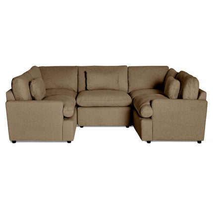 Discover the My Cloud 5 Piece Pit—a beige, L-shaped sectional with plush cushions for ultimate comfort. This customizable sofa features a clean, modern style and ample seating space, making it perfect for any living room setting.