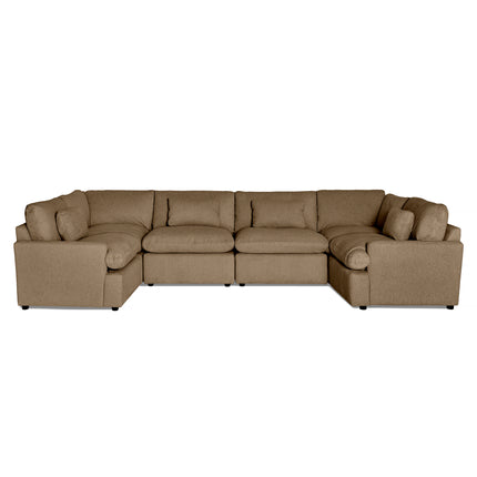 The My Cloud 6 Piece Pit, in brown, features plush cushions and wide armrests for spacious seating. Its soft-textured fabric delivers a cozy look, making it renowned as the Worlds Greatest & Most Comfortable Sofa.