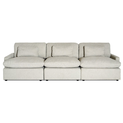 The My Cloud 3 Piece Straight is a beige, three-seater sofa with plush cushions and a minimalist design, offering unmatched comfort. Its modular structure includes three distinct sections and hidden legs, making it ideal for any modern living room.