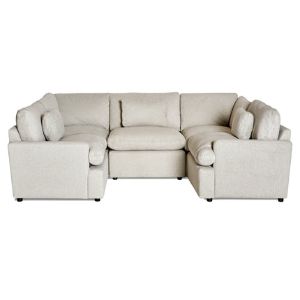 A gray My Cloud 5 Piece Pit modular sectional with multiple cushions, featuring a cushioned backrest and customizable design. The textured fabric upholstery adds charm, making it the worlds greatest & most comfortable sofa. Its set against a plain white background.