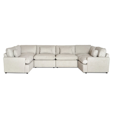 The My Cloud 6 Piece Pit is a spacious, light gray sofa with a contemporary U-shape design. Featuring thick, plush cushions, it offers ample seating and is acclaimed as the Worlds Greatest & Most Comfortable Sofa, boasting a minimalist and modern aesthetic.