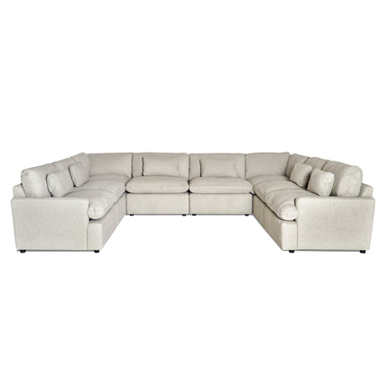 Introducing the My Cloud 8 Piece Pit: a spacious U-shaped sectional with light gray, machine-washable fabric upholstery. This comfortable seating option boasts multiple back and arm cushions, offering generous space. Its sleek minimalist design features clean lines for modern elegance.