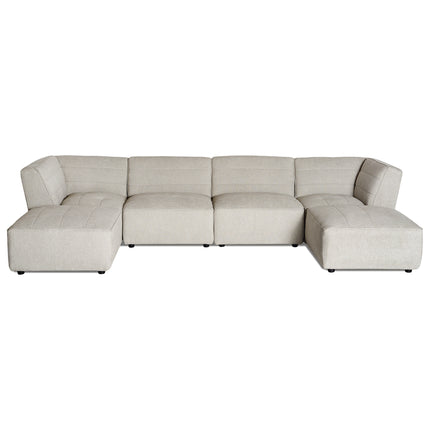 The Millenium 4 Piece Straight + 2 Ottomans is a large, modern luxury L-shaped sectional in light gray fabric. It features modular sections with visible stitching and tufted cushions for ultra-plush comfort in a spacious seating area, set against a plain white background.