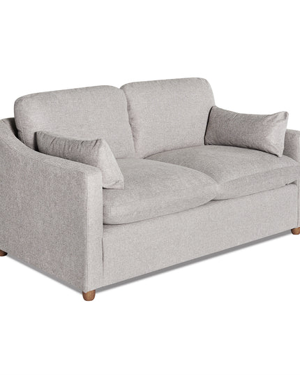 Discover the elegance of the My Cloud Slope Loveseat featuring a light gray finish and wooden legs. With two seat cushions, two backrest cushions, and matching side pillows, this minimalist piece offers modern comfort. Customize it for a perfect fit in any space.