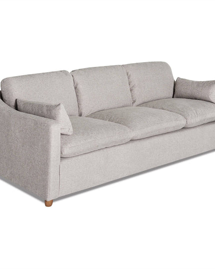 The My Cloud Slope Sofa is a modern, light gray piece featuring three seat and two back cushions, subtle armrests, and small wooden legs. With its soft fabric, its an ideal comfortable addition to any contemporary living room.