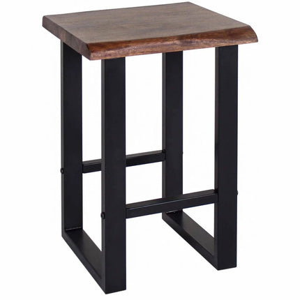 The Live Edge Stool features a rectangular top made of sustainable acacia wood that highlights its natural grain, complemented by black metal legs with a geometric design. The woods finish and sleek metal contrast create a contemporary look.