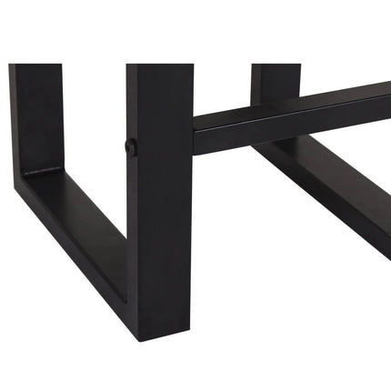 Close-up of a black metal table leg with a rectangular frame design and horizontal support bar. Its sturdy, minimalist look pairs perfectly with Live Edge Stool to enhance modern furniture styles.