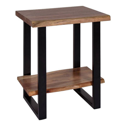 The Live Edge End Table features a small rustic charm with a natural wood finish, highlighting its grain. A square top and lower shelf are supported by black metal legs in a rectangular frame design, adding character to this piece.