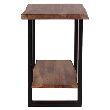 The Live Edge End Table boasts a rectangular wooden design with two shelves and a natural wood finish, exuding rustic charm. Its black metal frame creates an open, minimalist look that complements any room.