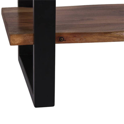 Close-up of the Live Edge End Table, featuring a wooden shelf with visible grain patterns. Supported by a black metal frame, it exudes rustic charm and an earthy appeal.