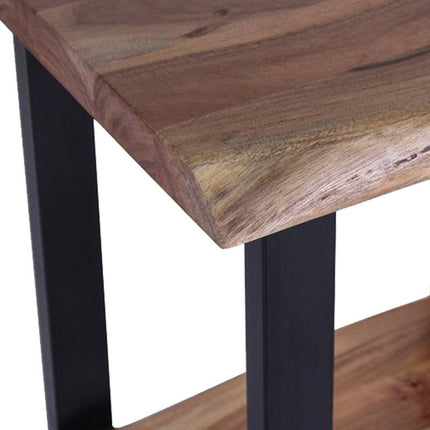 Close-up of the Live Edge End Tables corner, featuring a smooth, natural finish. The rectangular design with wood grain enhances its rustic charm, while sleek black metal legs add a modern touch.