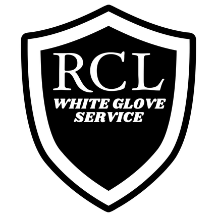 The shield-shaped logo showcases RCL at the top and White Glove Service beneath, highlighting a smooth setup and local delivery experience.