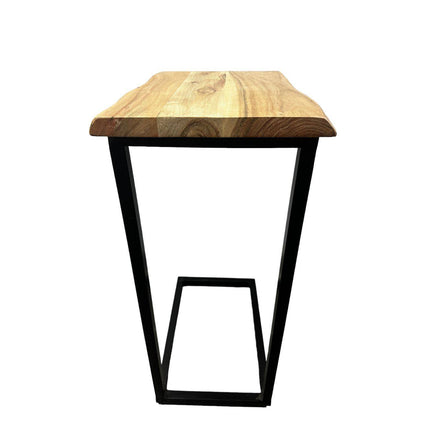 The Live Edge C-Table features a natural live edge acacia wood top and sleek black trapezoidal metal legs, combining functionality with minimalist modern design against a plain white background.