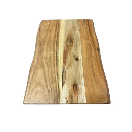 The Live Edge C-Table is a functional wooden piece with a natural finish, crafted from acacia wood. It features distinct grain patterns and color variations, with light and dark brown streaks and an irregular live edge for added rustic charm.