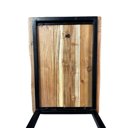 The Live Edge C-Table features a wooden tabletop crafted from acacia wood with a natural finish, set in a sleek black metal frame. The visible wood grain highlights light and dark shades, while the rectangular frame offers functionality and minimalist elegance against a white background.