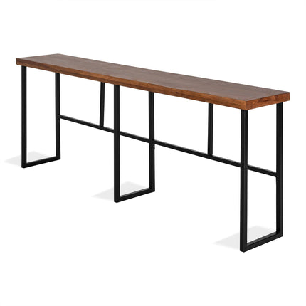 The Rosewood Console features a long, narrow wooden top with an industrial-style black metal frame and rectangular, open legs. This eco-friendly piece boasts a minimalist, modern design.